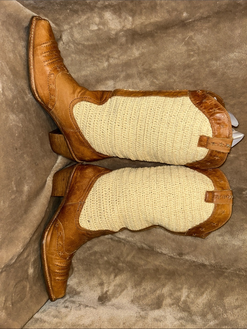 AWOL Tan Leather Cream Crochet Snip Toe Boho Western Coastal Cowgirl Boots 8.5 - Picture 7 of 16